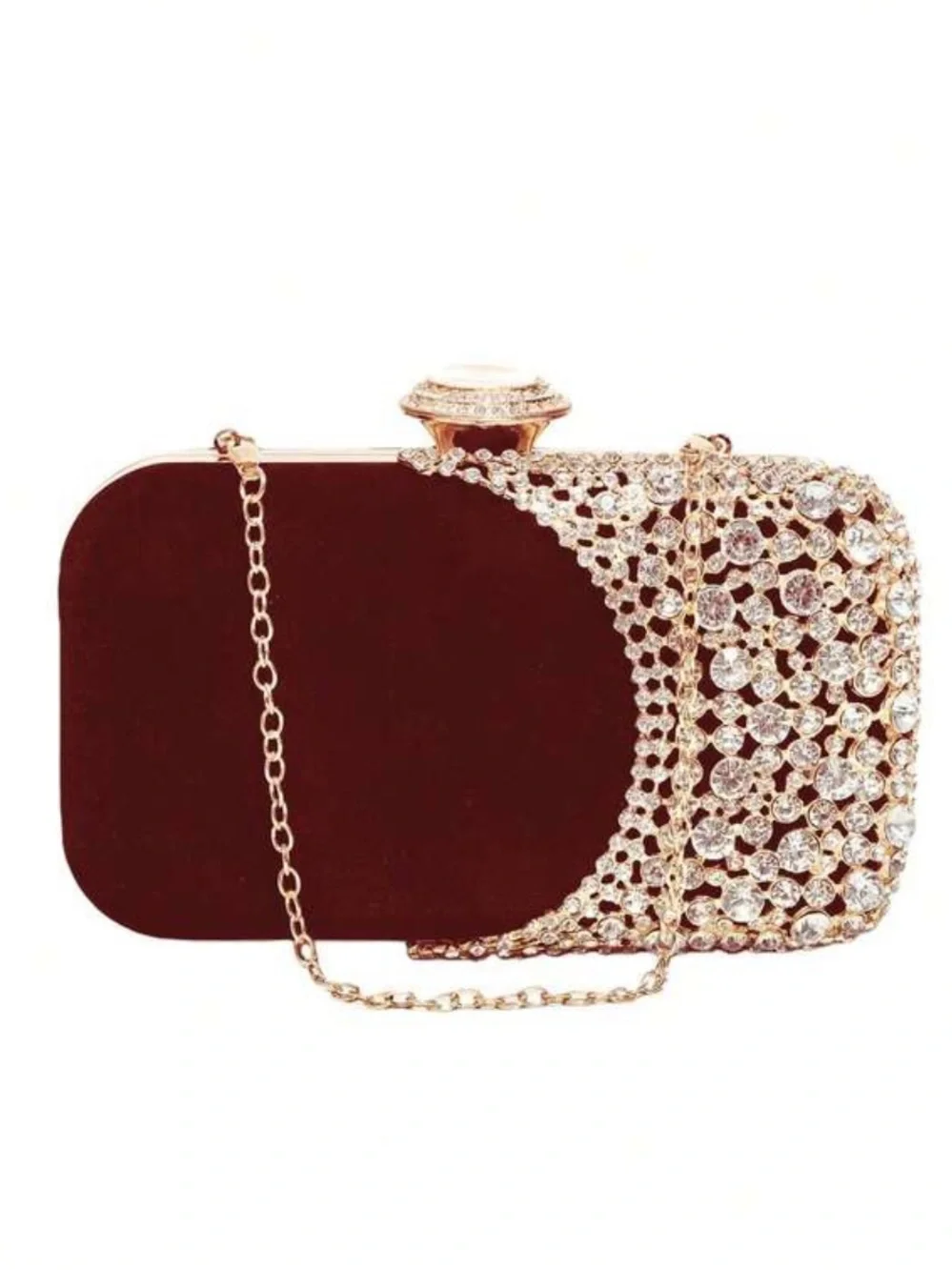 Elegant Burgundy Crystal Evening Clutch with Gold Chain